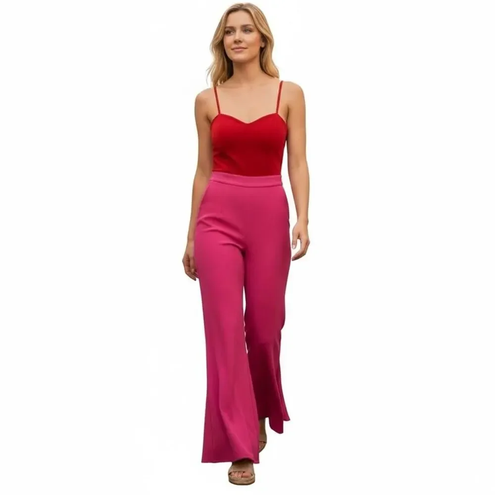 NWT Endless Rose Large Red Fuchsia Pink Colorblock Jumpsuit Flare Leg Pantsuit